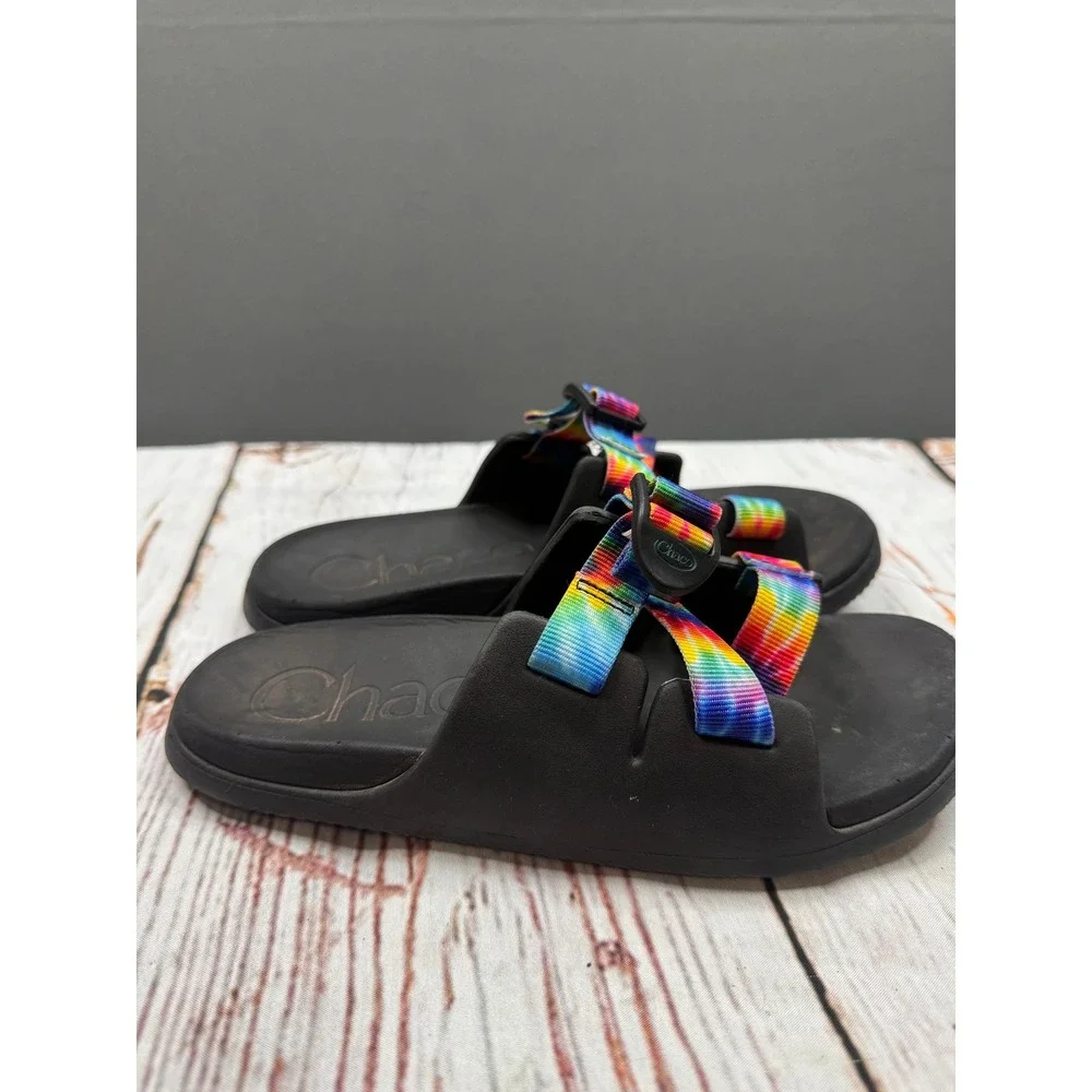 Chaco Chillos Slide Sandals Kids Black Rainbow Tie Dye Adjustable Straps Size 5‎